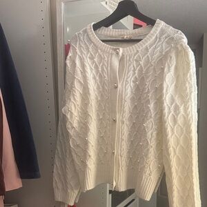 Marled Pearl-Embellished White Sweater
